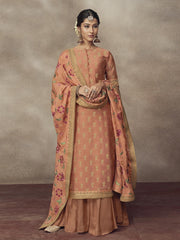 Light Orange Golden Embroidered Silk Palazzo Suit