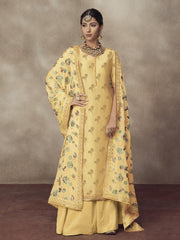 Lemon Yellow Golden Embroidered Silk Palazzo Suit