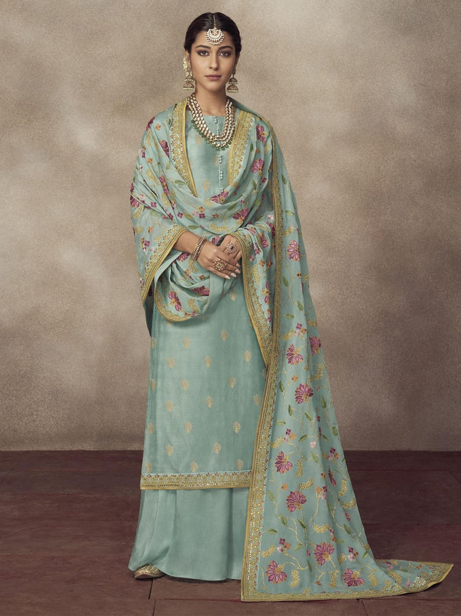 Light Blue Golden Embroidered Silk Palazzo Suit