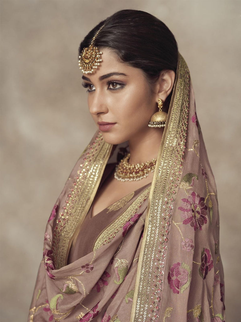 Mauve Golden Embroidered Silk Palazzo Suit