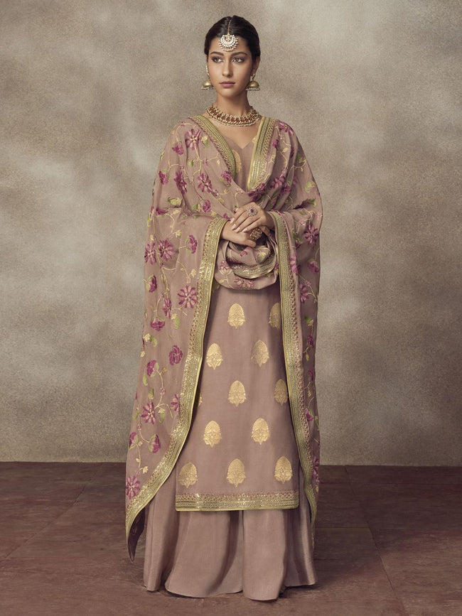 Mauve Golden Embroidered Silk Palazzo Suit
