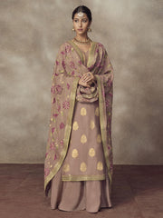 Mauve Golden Embroidered Silk Palazzo Suit