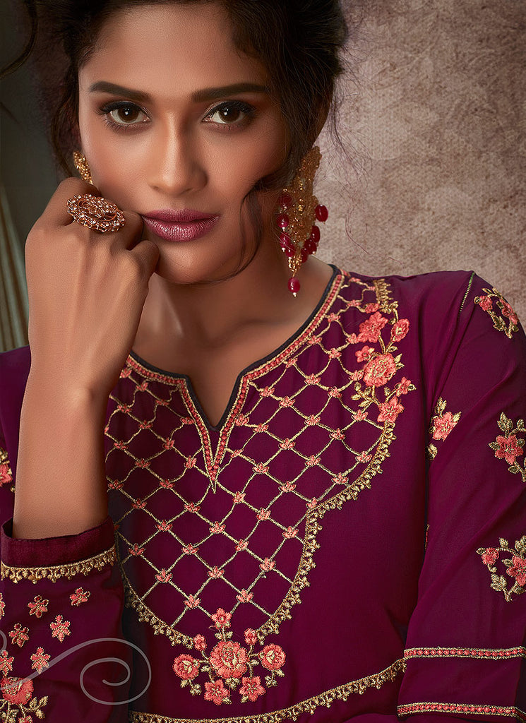 Indian Clothes - Wine Embroidered Anarkali Suit