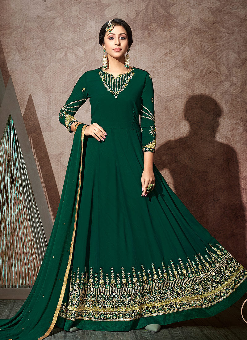 Indian Clothes - Green Embroidered Anarkali Suit In usa uk canada