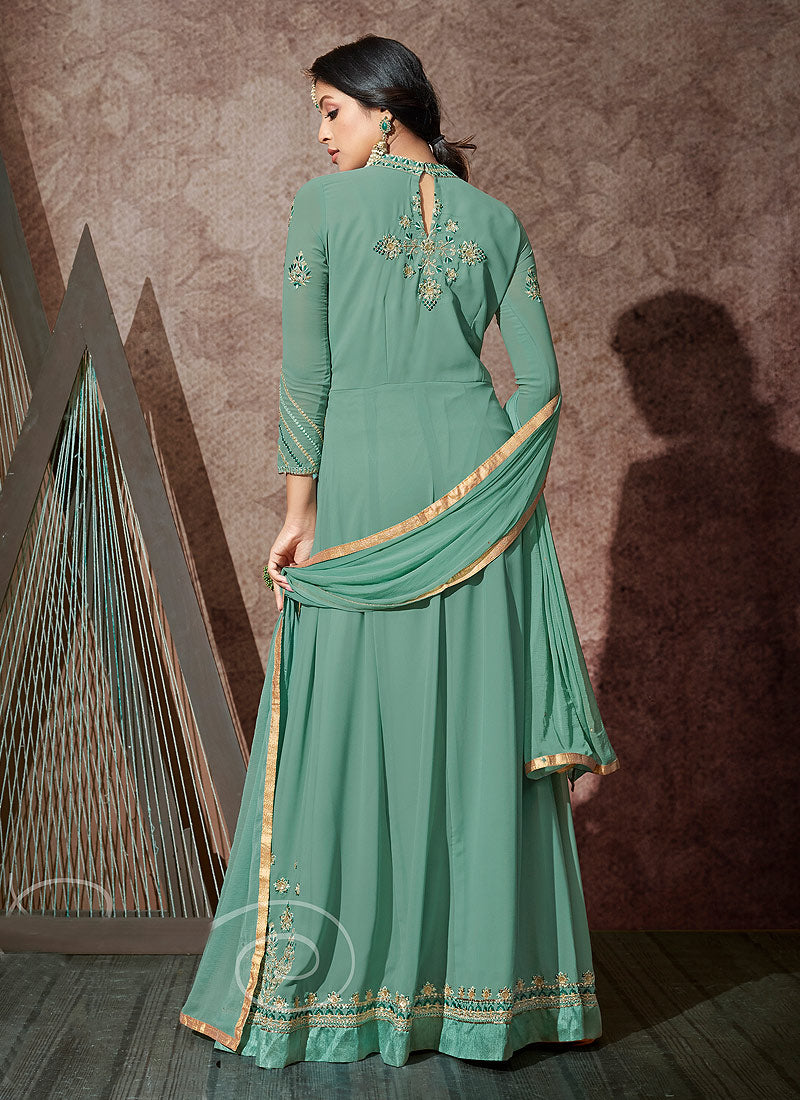 Indian Clothes - Aqua Blue Embroidered Anarkali Suit
