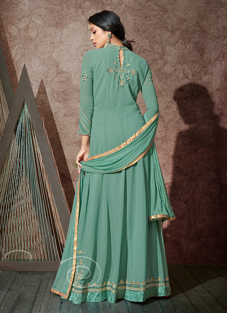 Indian Clothes - Aqua Blue Embroidered Anarkali Suit