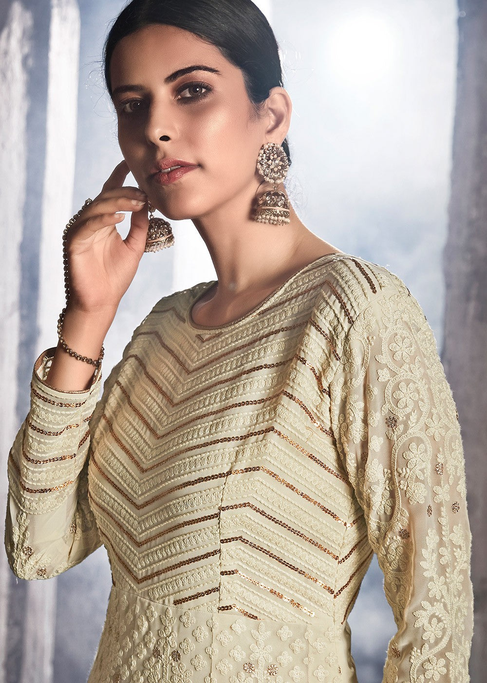 Indian Clothes - Beige Golden Lucknowi Anarkali Suit