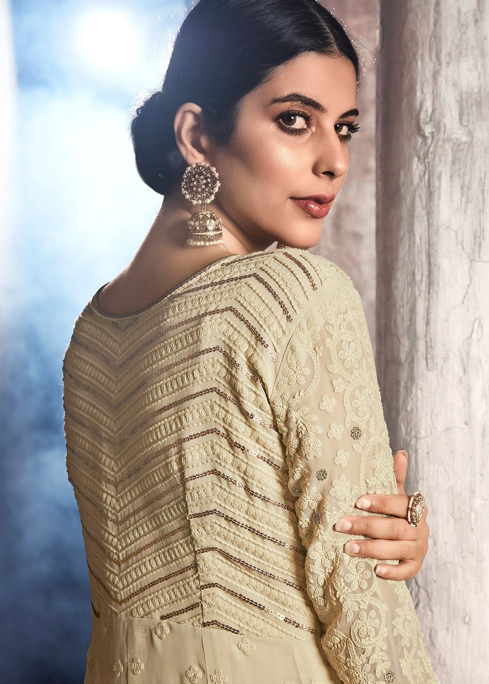 Indian Suits - Beige Golden Lucknowi Anarkali Suit