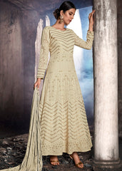 Beige Golden Lucknowi Anarkali Suit