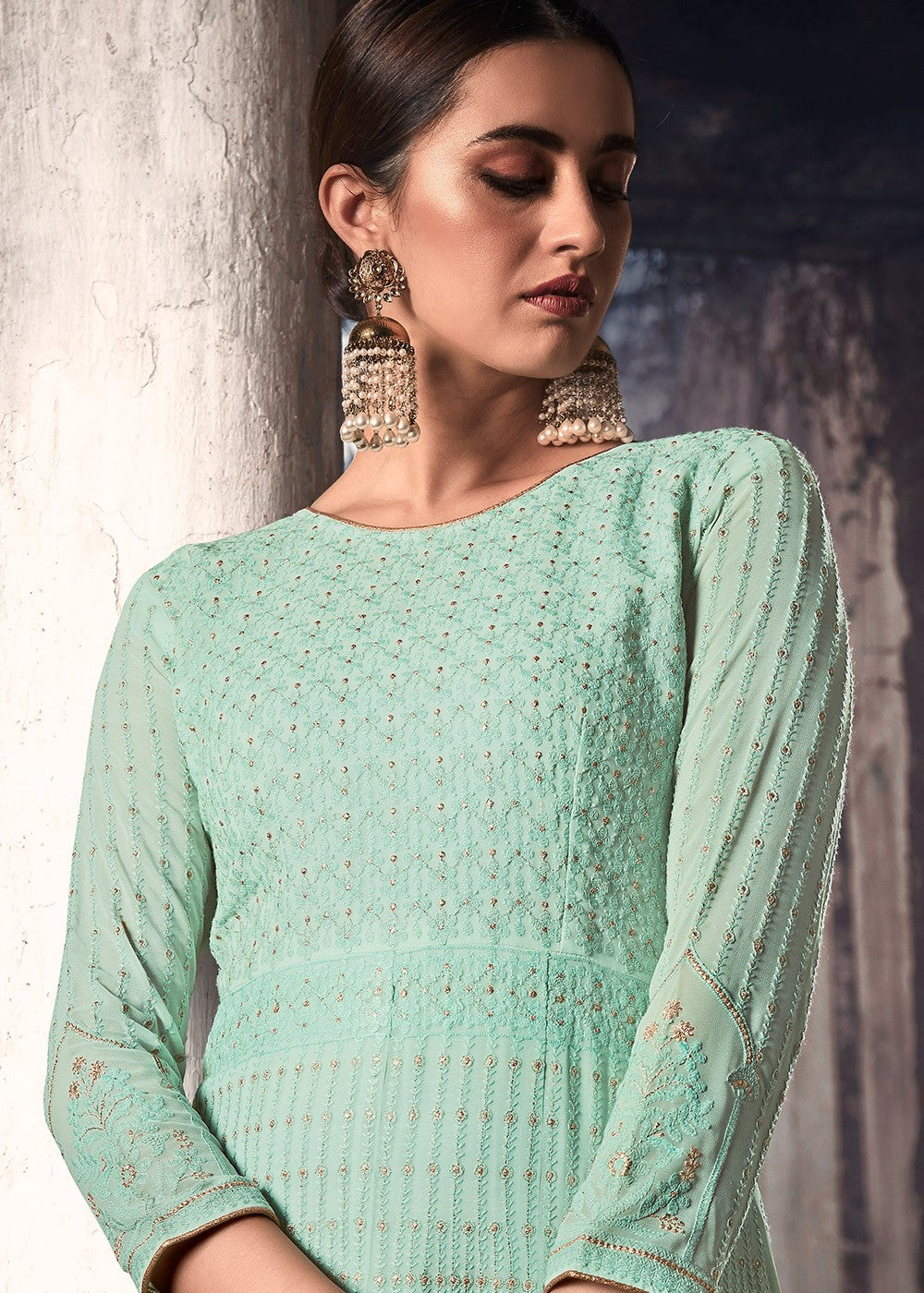 Indian Clothes - Aqua Blue Lucknowi Anarkali Suit