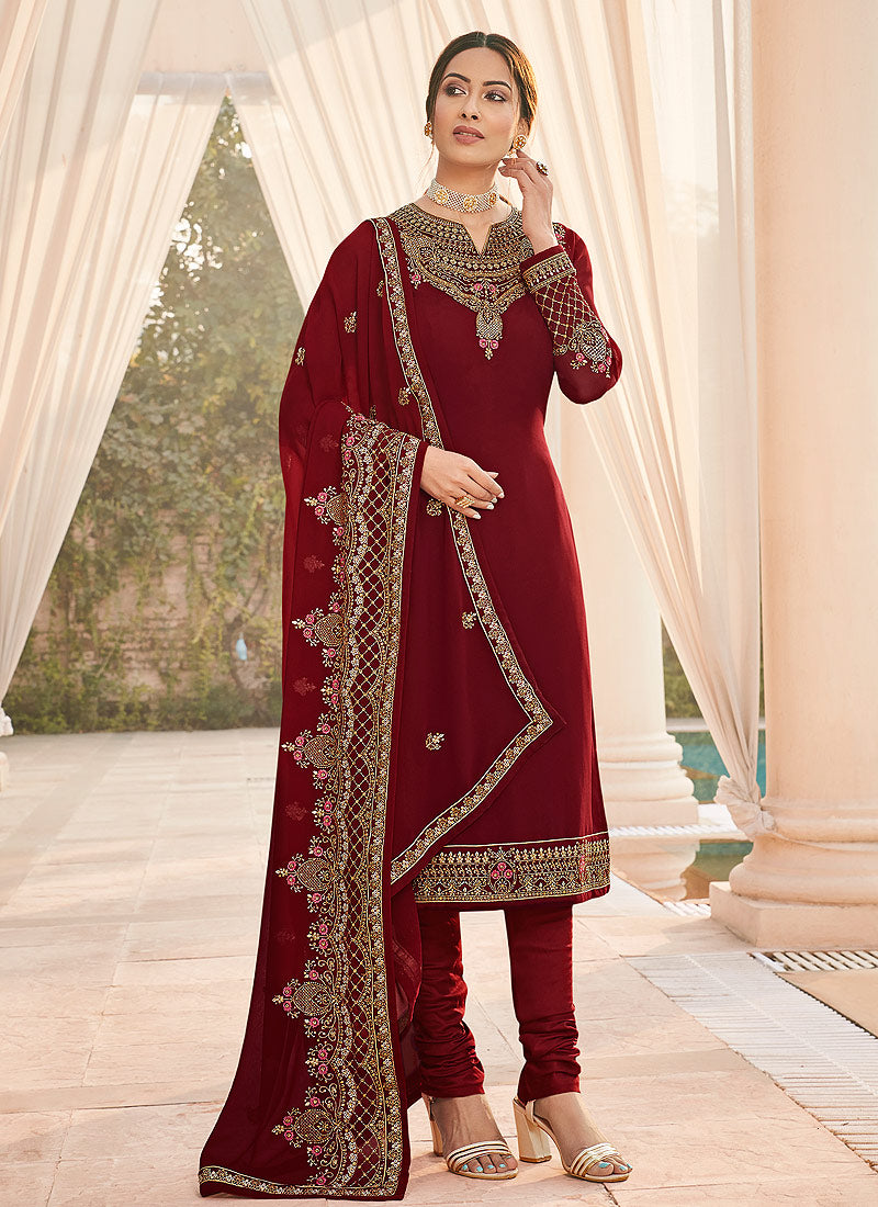 Red Embroidered Churidar Suit
