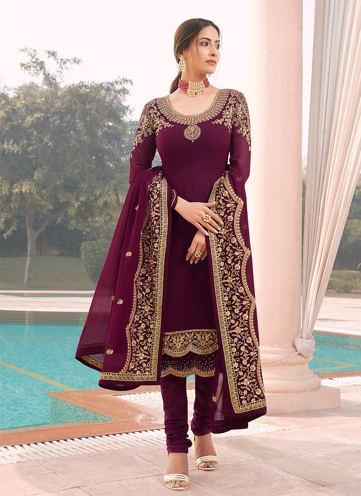 Maroon Golden Embroidered Churidar Suit