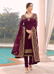 Maroon Golden Embroidered Churidar Suit