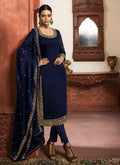 Indian Clothes - Navy Blue Silk Lehenga/Pant Suit