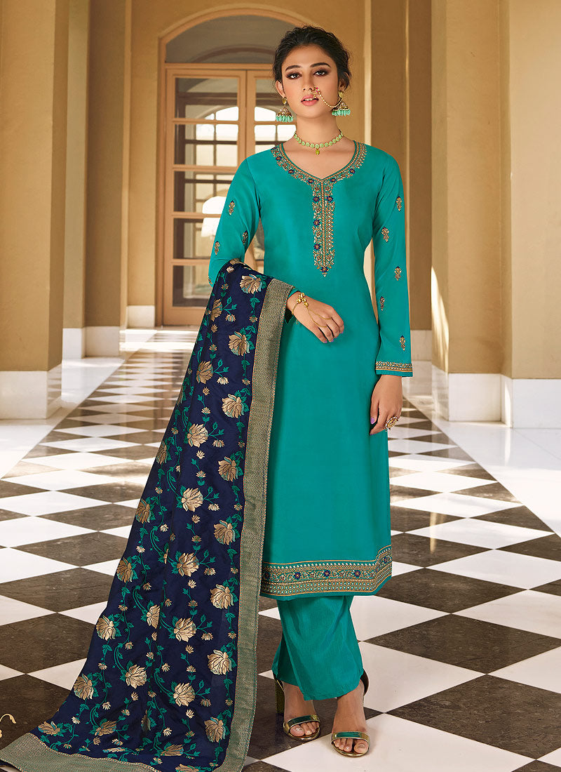 Buy Blue Embroidered Pant Style Suit In USA, UK, Canada, Australia