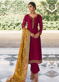 Maroon And Yellow Embroidered Pant Style Suit