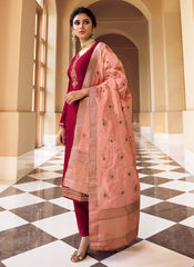 Red And Peach Embroidered Pant Style Suit