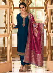 Blue And Pink Embroidered Pant Style Suit