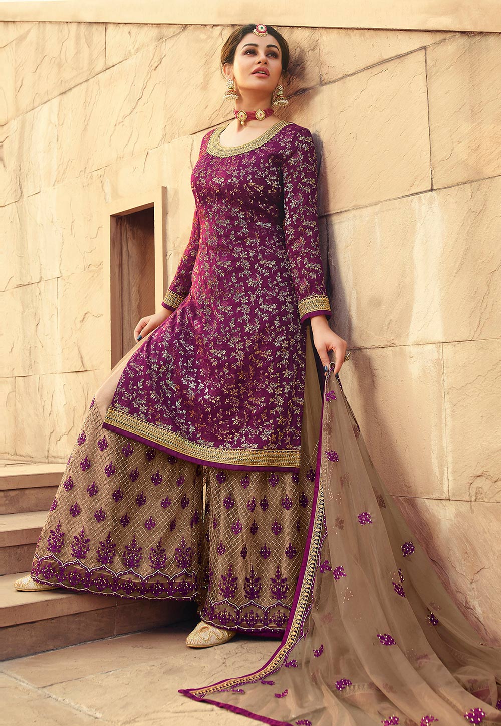 Wine And Beige Gharara Style Suit In usa uk canada