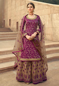 Wine And Beige Embroidered Gharara Style Suit