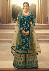 Turquoise And Beige Embroidered Gharara Style Suit