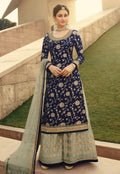 Blue And Grey Embroidered Gharara Style Suit