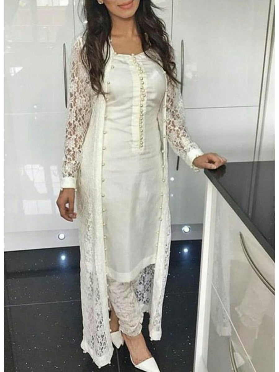 White Beautiful Pearl Detail Over Coat Style Pant Suit Set 