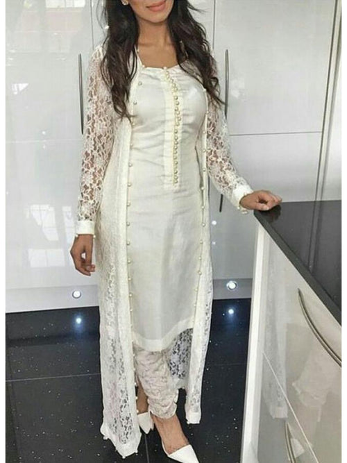 White Beautiful Pearl Detail Over Coat Style Pant Suit Set 