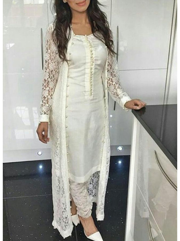 White Beautiful Pearl Detail Over Coat Style Pant Suit Set 