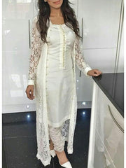 White Beautiful Pearl Detail Over Coat Style Pant Suit Set 