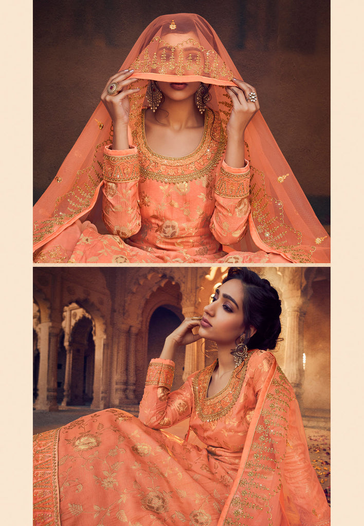 Pastel Orange Lehenga style suit In usa