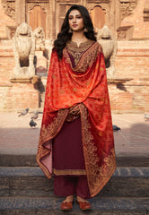 Maroon Embroidered Palazzo Suit