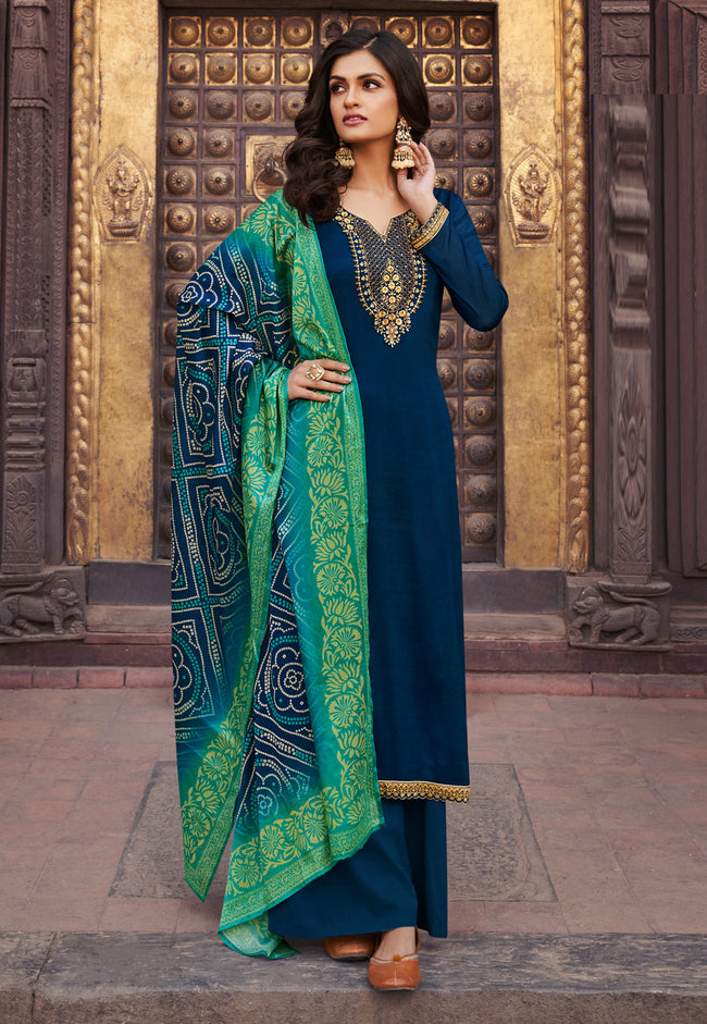 Navy Blue Embroidered Palazzo Suit