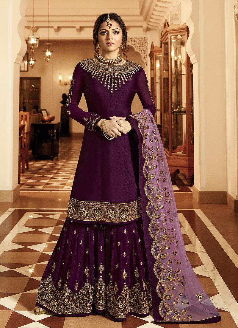 Purple And Gold Pakistani Gharara Suit