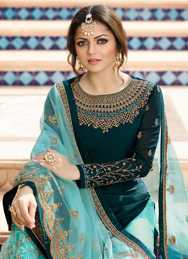 Peacock Blue Embroidered Pakistani Gharara Suit