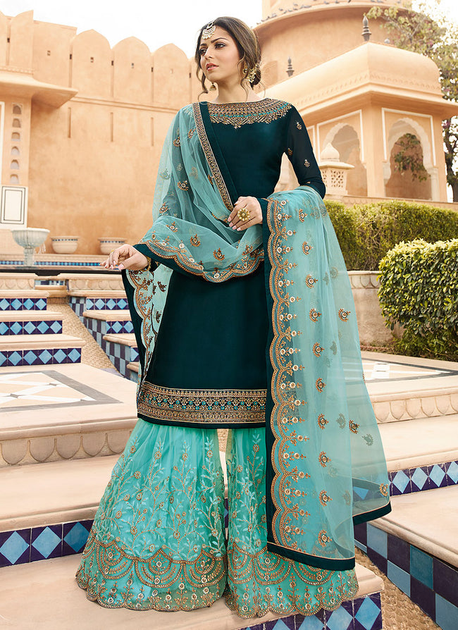 Peacock Blue Pakistani Gharara Suit