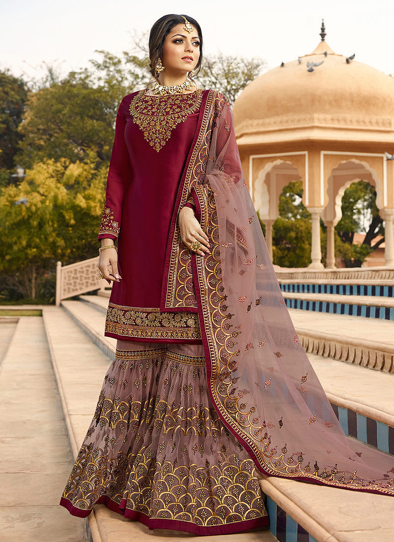 Maroon Ethic Pakistani Gharara Suit