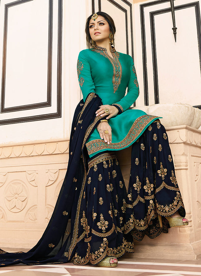 Turquoise And Blue Pakistani Gharara Suit