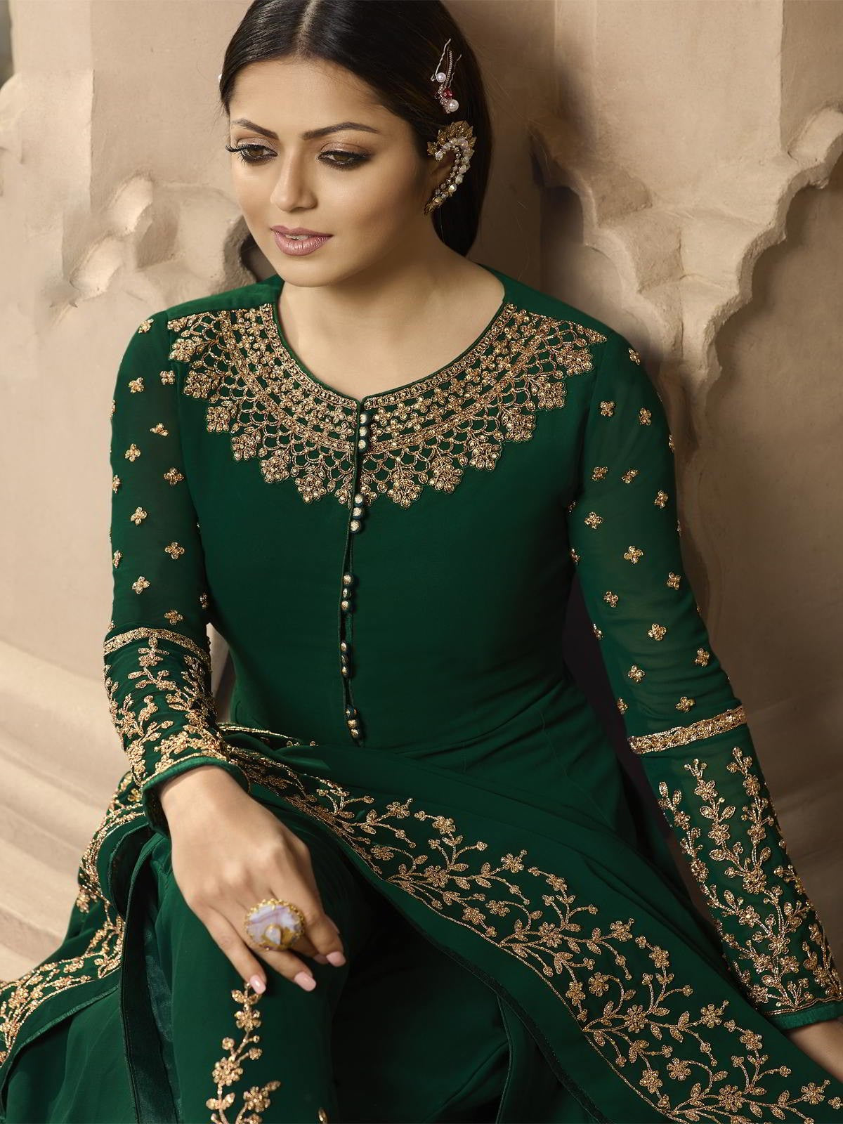 Deep Green Party Wear Anarkali Pant Suit Online