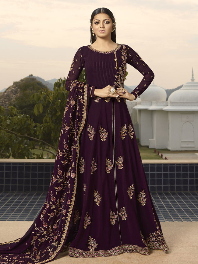 Wine Purple Golden Embroidered Anarkali Pant Suit