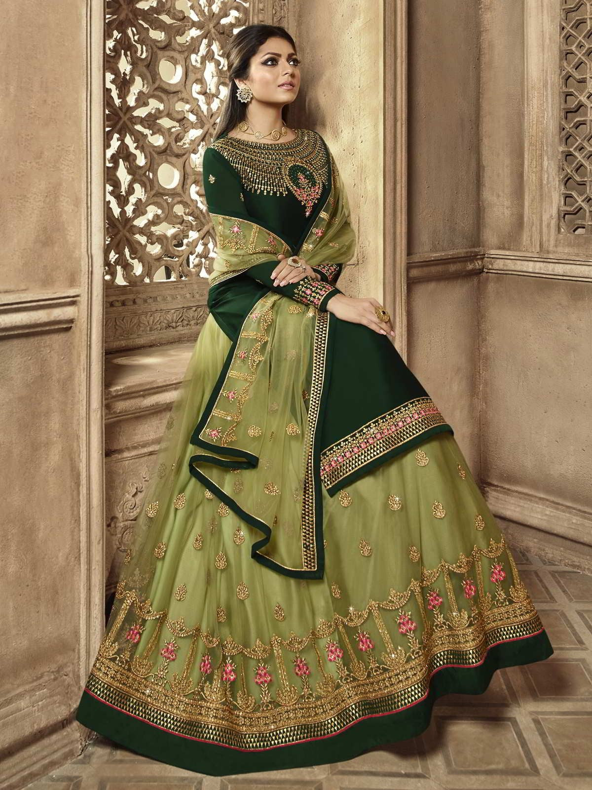 Green Embroidered Wedding Lehenga Kurti