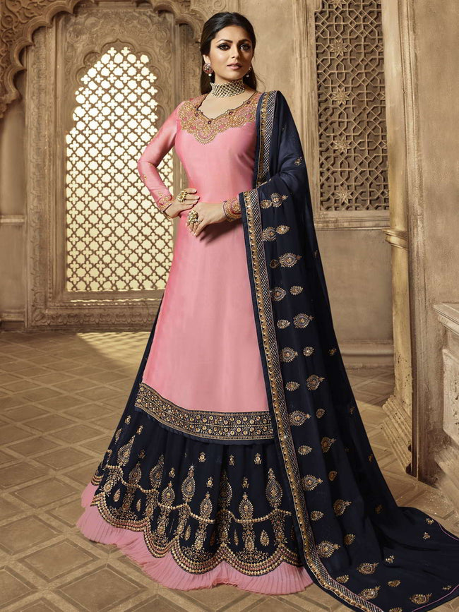 Buy Navy Blue Embroidered Georgette Wedding Lehenga Suit From Ethnic Plus