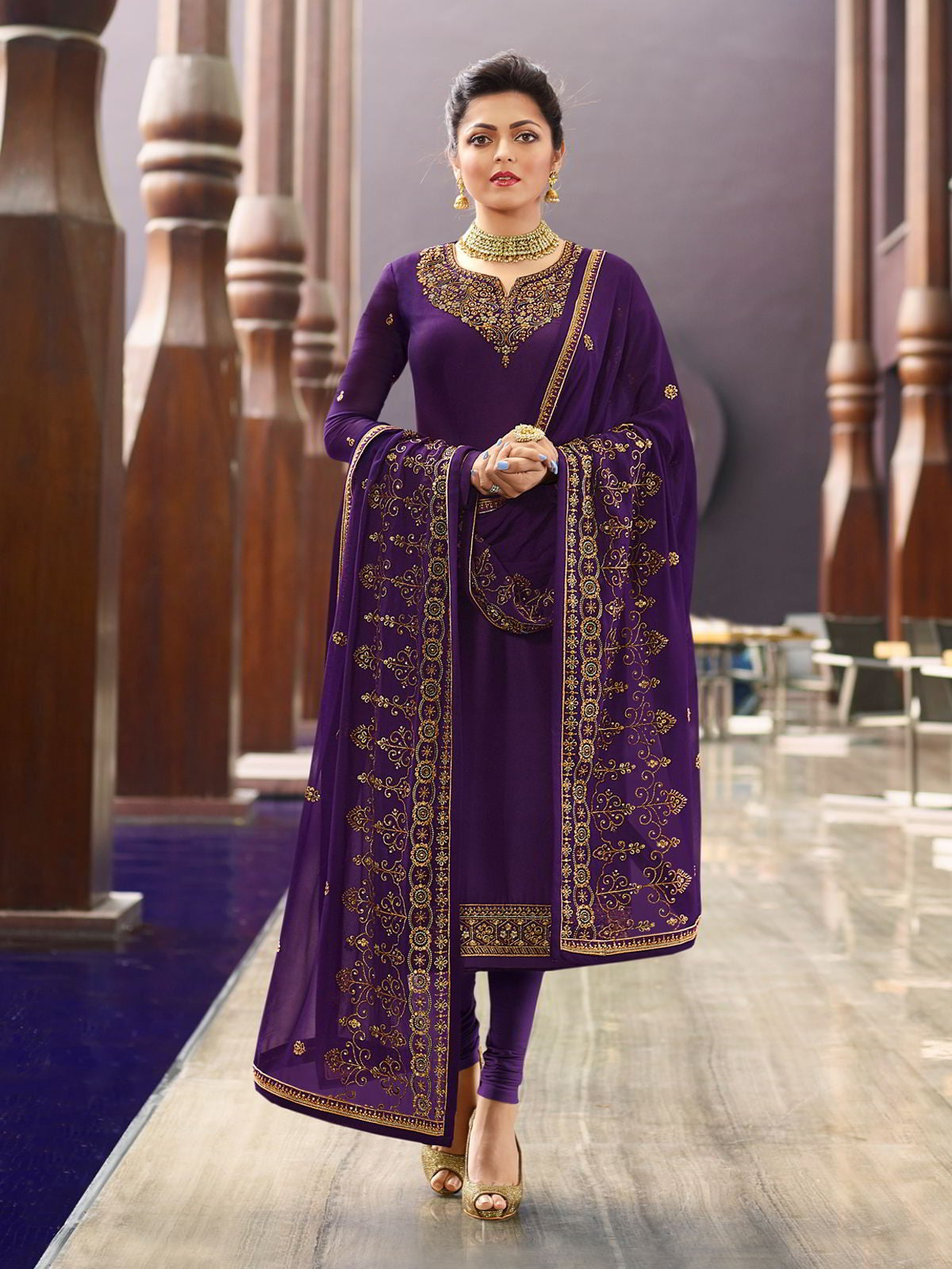 Purple Golden Traditional Churidar Suit