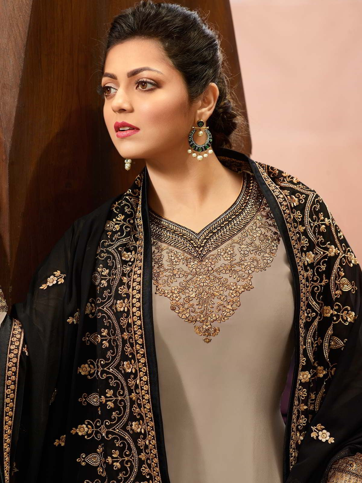 Taupe And Black Traditional Churidar Suit 