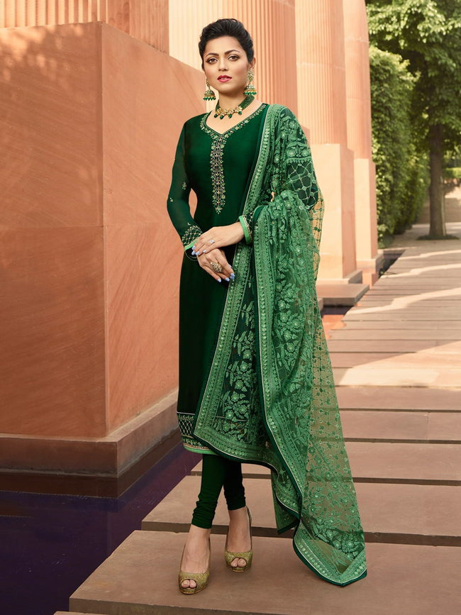 Green In Combination Embroidered Churidar Suit