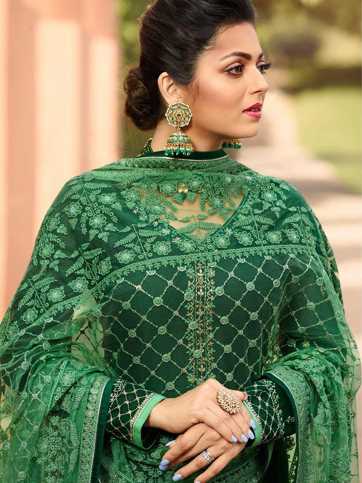 Green In Combination Embroidered Churidar Suit