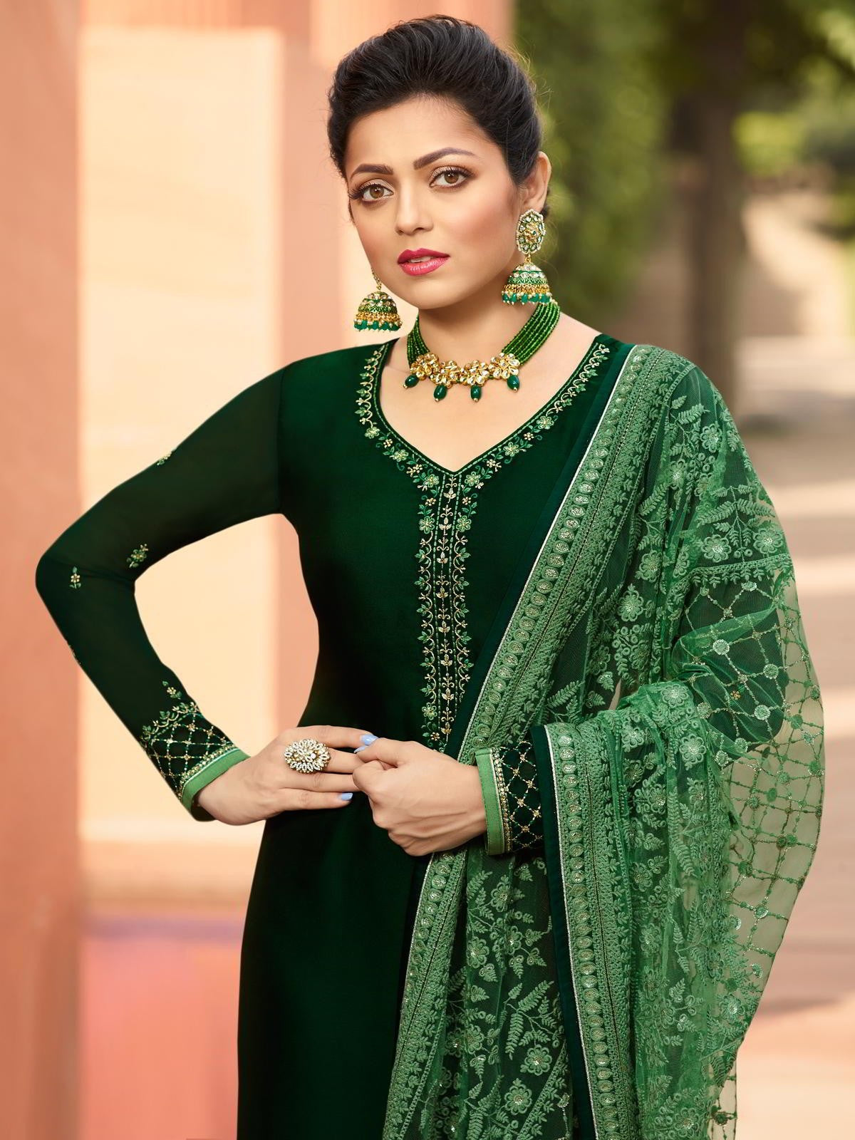 Green In Combination Embroidered Churidar Suit