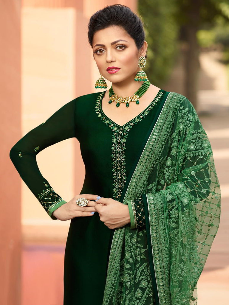 Green In Combination Embroidered Churidar Suit