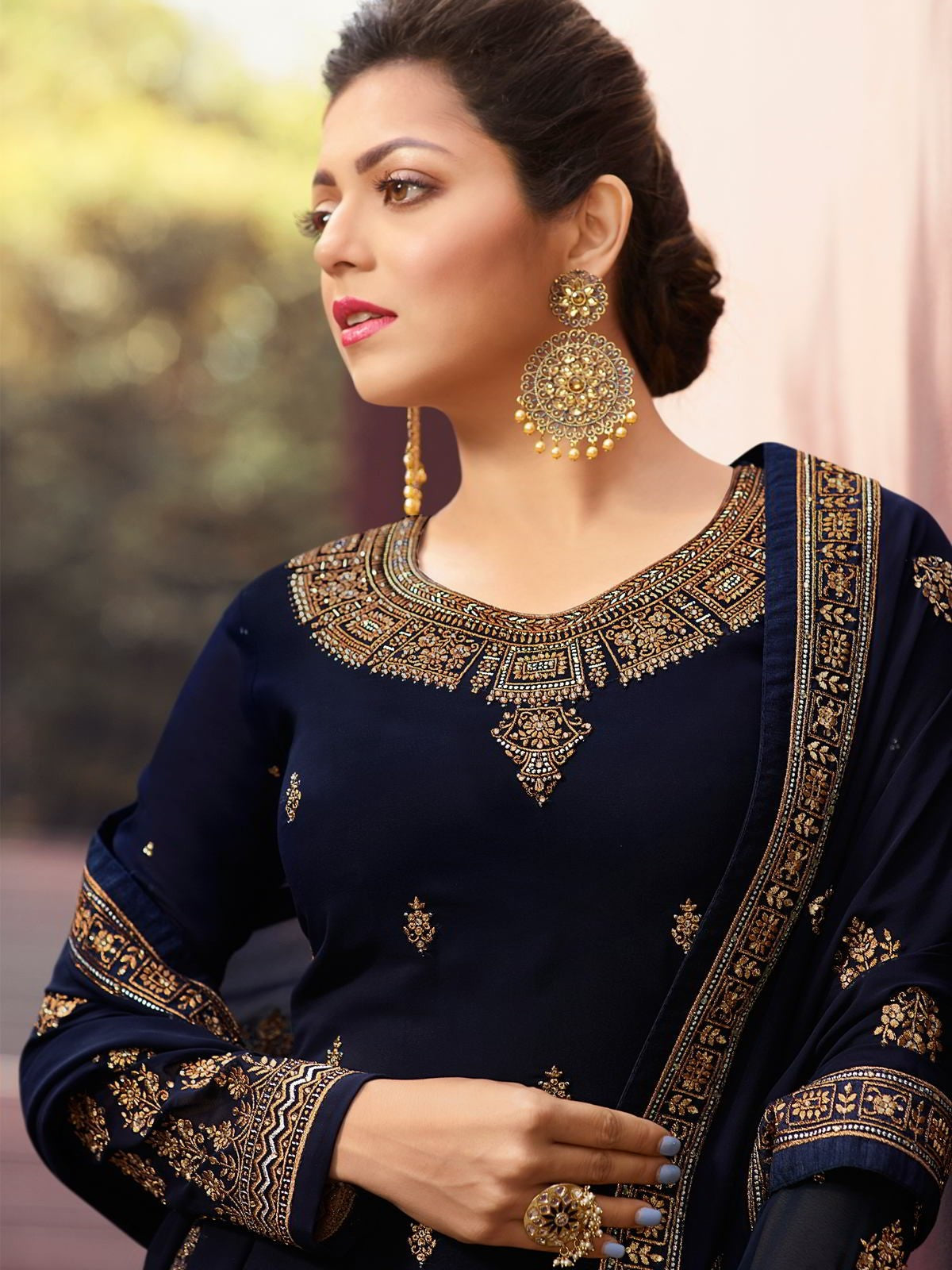 Navy Blue Golden Traditional Churidar Suit
