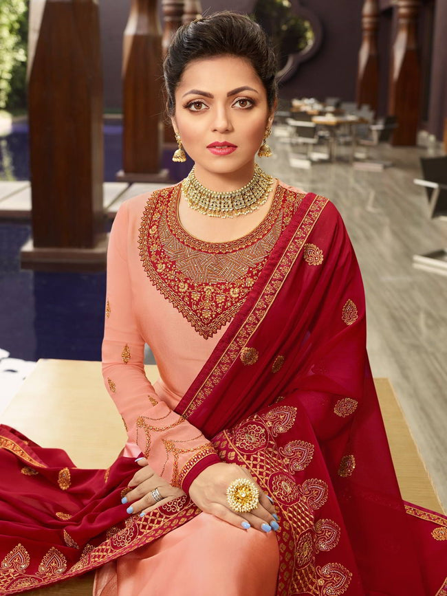 Peach Red In Combination Churidar Suit